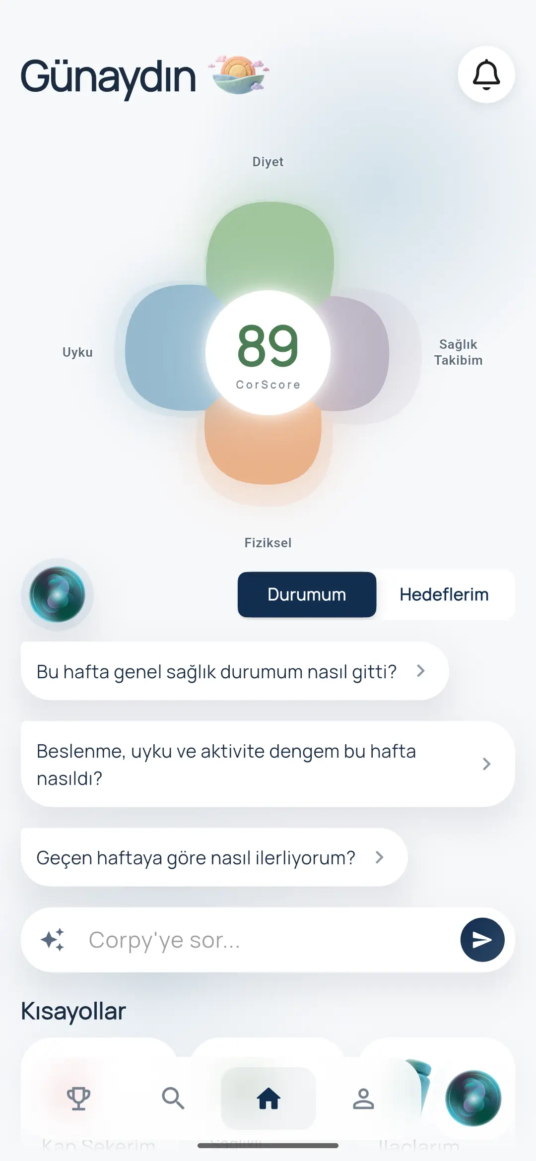 Ana sağlık takip modüllerini ve genel analizleri öne çıkaran Corpy mobil uygulaması temel navigasyon paneli.
